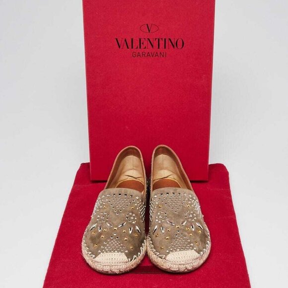 Valentino Olive Suede Micro Studded Espadrille Flats Size 5.5/36 - Picture 1 of 5